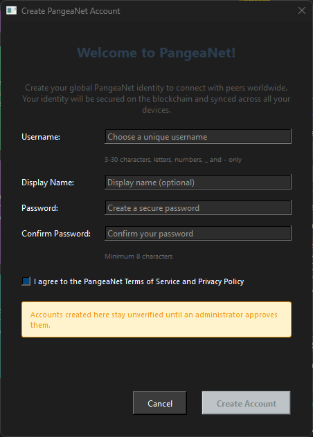 Screenshot: Registration dialog with username, display name, and password fields