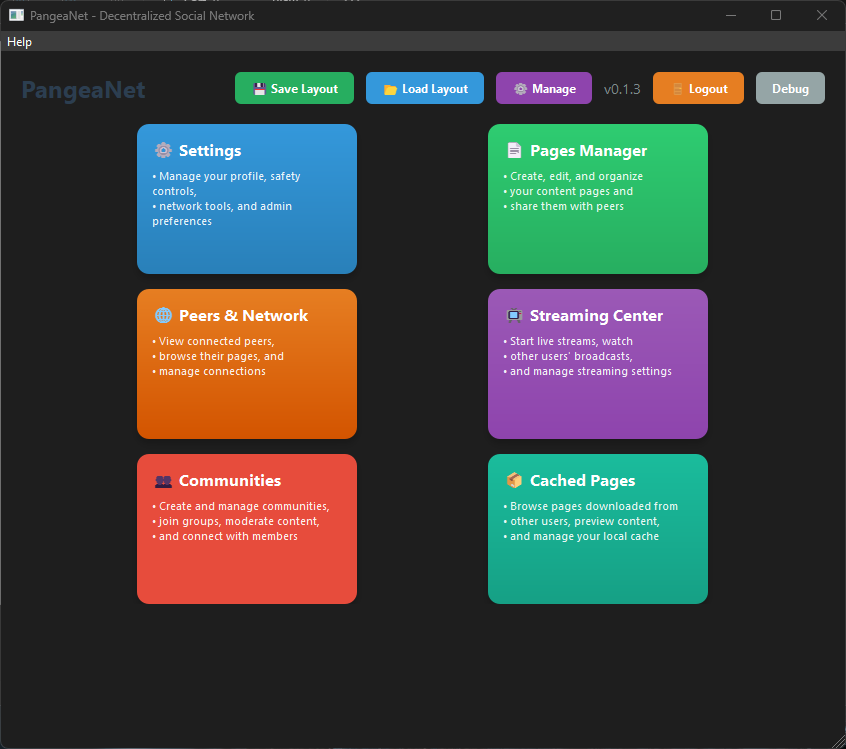 Screenshot: Main tile window showing all feature tiles and the header bar