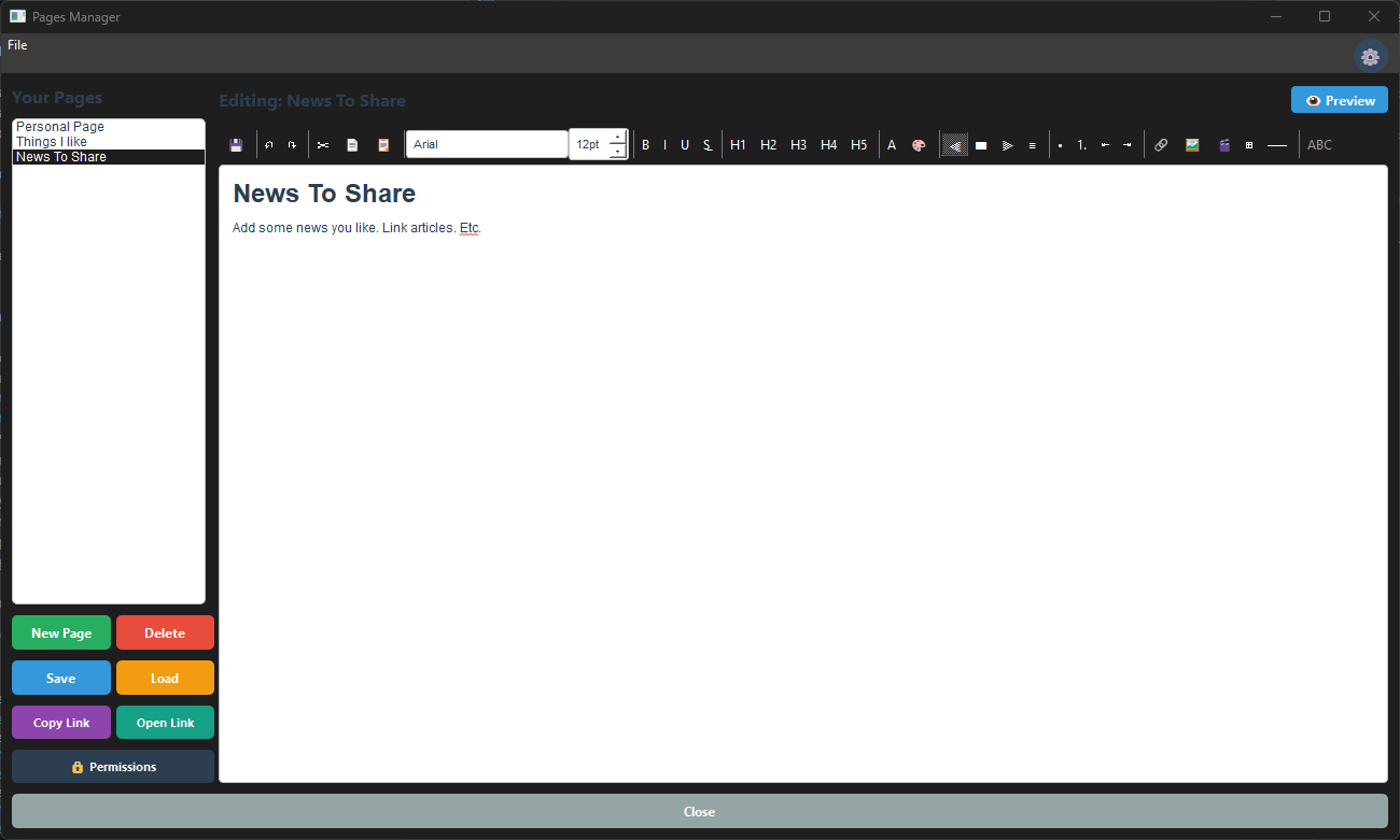 Screenshot: Pages window with the page list on the left and editor on the right