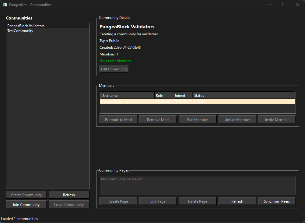 Screenshot: Communities list showing existing communities with Create Community button