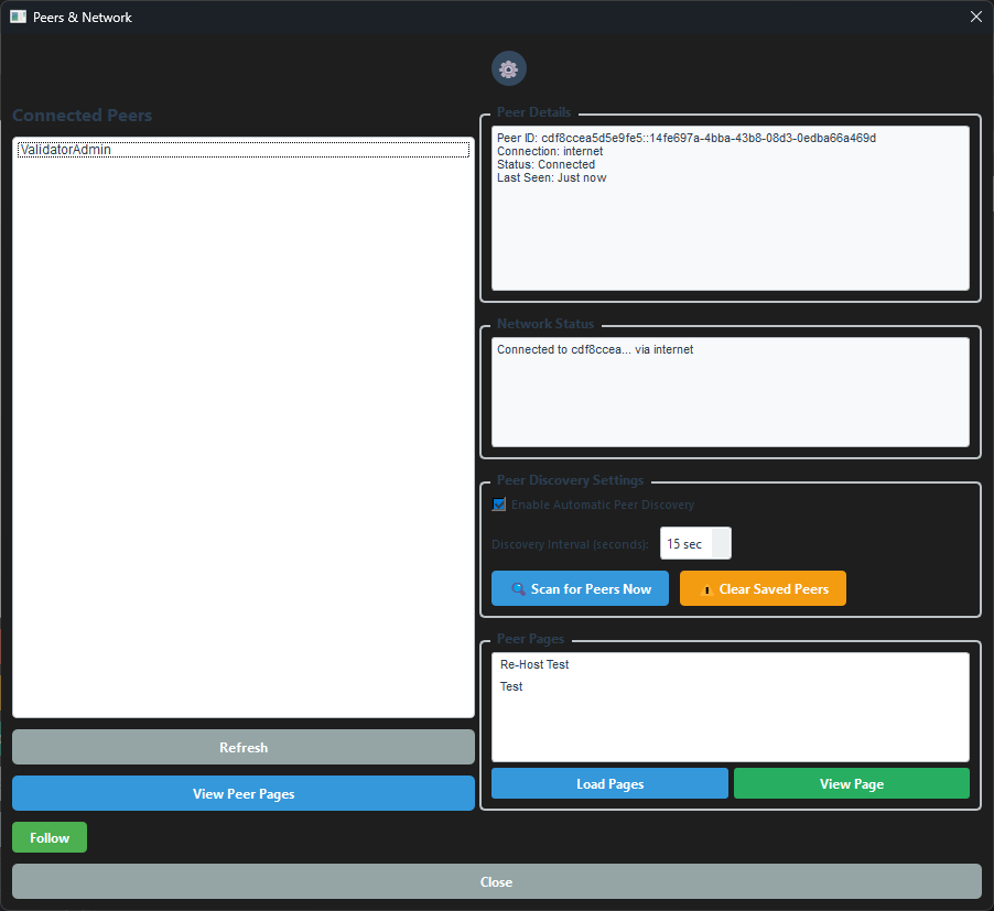 Screenshot: Peers window showing a list of connected users with Follow and page-view buttons
