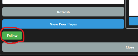 Screenshot: Peers window with the Follow button highlighted next to a user entry