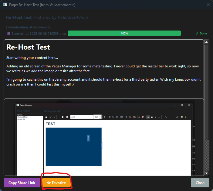 Screenshot: Page viewer dialog open with the Favorite (star) button visible in the toolbar