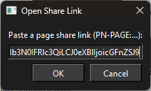 Screenshot: Open Link dialog with a PN-PAGE code pasted into the input field